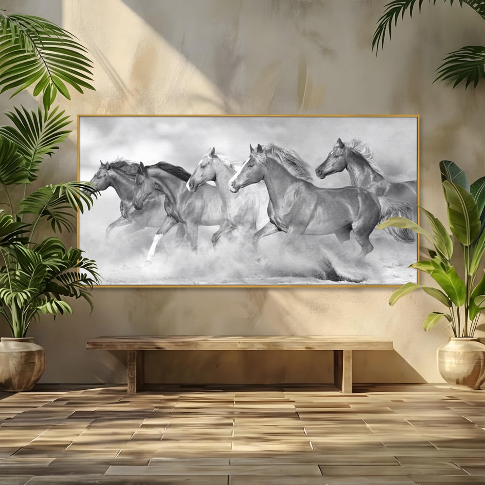 Tablou canvas cu tablou canvas cu cai in galop, in rama de aluminiu auriu